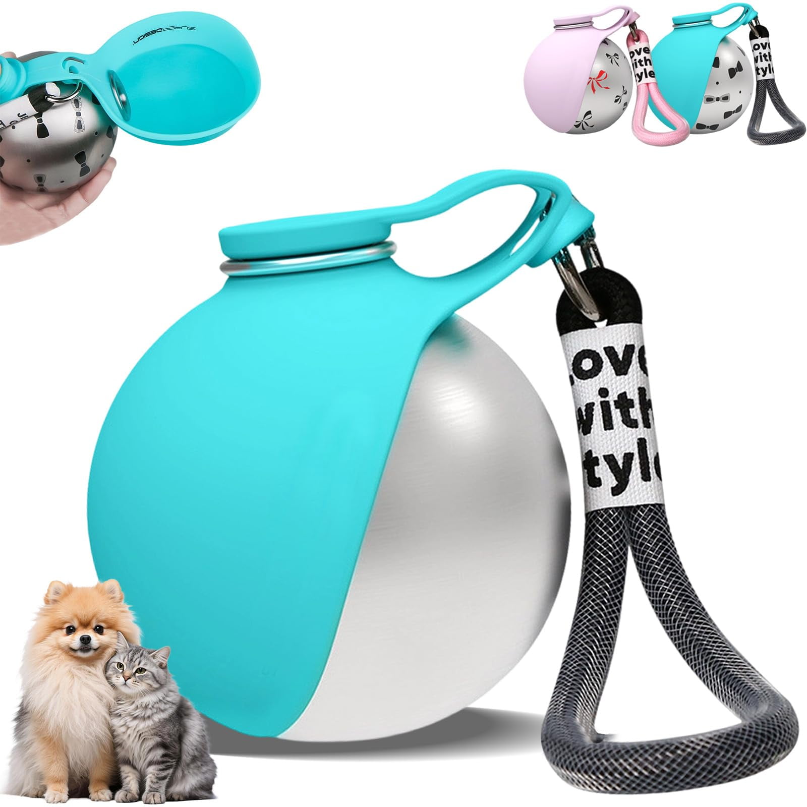 Rover And Oak Dog Water Bottle 2 In 1 Stainless Steel Foldable 10 Oz Pet Drinking Feeder For Small Dogs Outdoor Walking