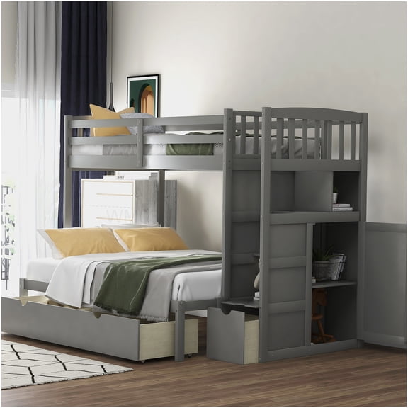 CHAMPFLAG Space Saving Bunk Bed with Stairs, Twin on Top Full Below, Pull Out Trundle, 4 Storage Drawers, Shelves and Guardrails, Gray Finish