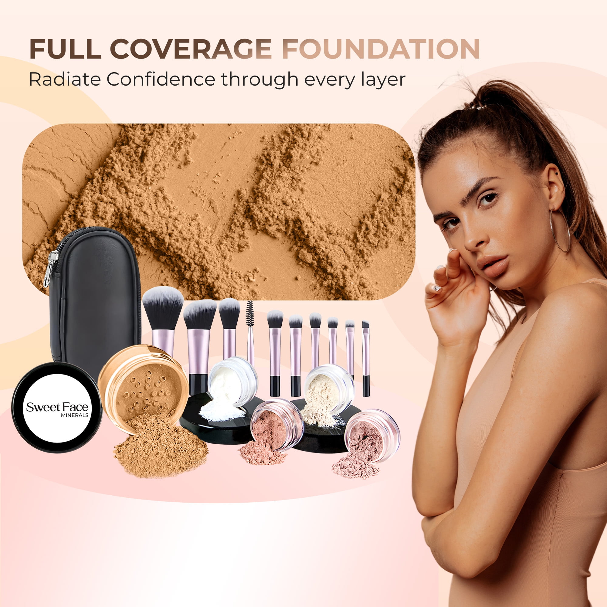 Starter Kit with 10-Piece Brush Set (DEEP TAN) Mineral Makeup – 16-Piece Loose Powder Foundation, Blush, Bronzer, Translucent Setting Powder SPF 30 – Vegan Cruelty Free by Sweet Face Minerals