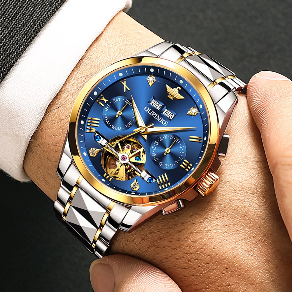 OUPINKE Orologi scheletro uomo meccanico di lusso automatico con autoscarica vetro zaffiro impermeabile cinturino in acciaio al tungsteno, 3168: Bracciale dorato e quadrante dorato