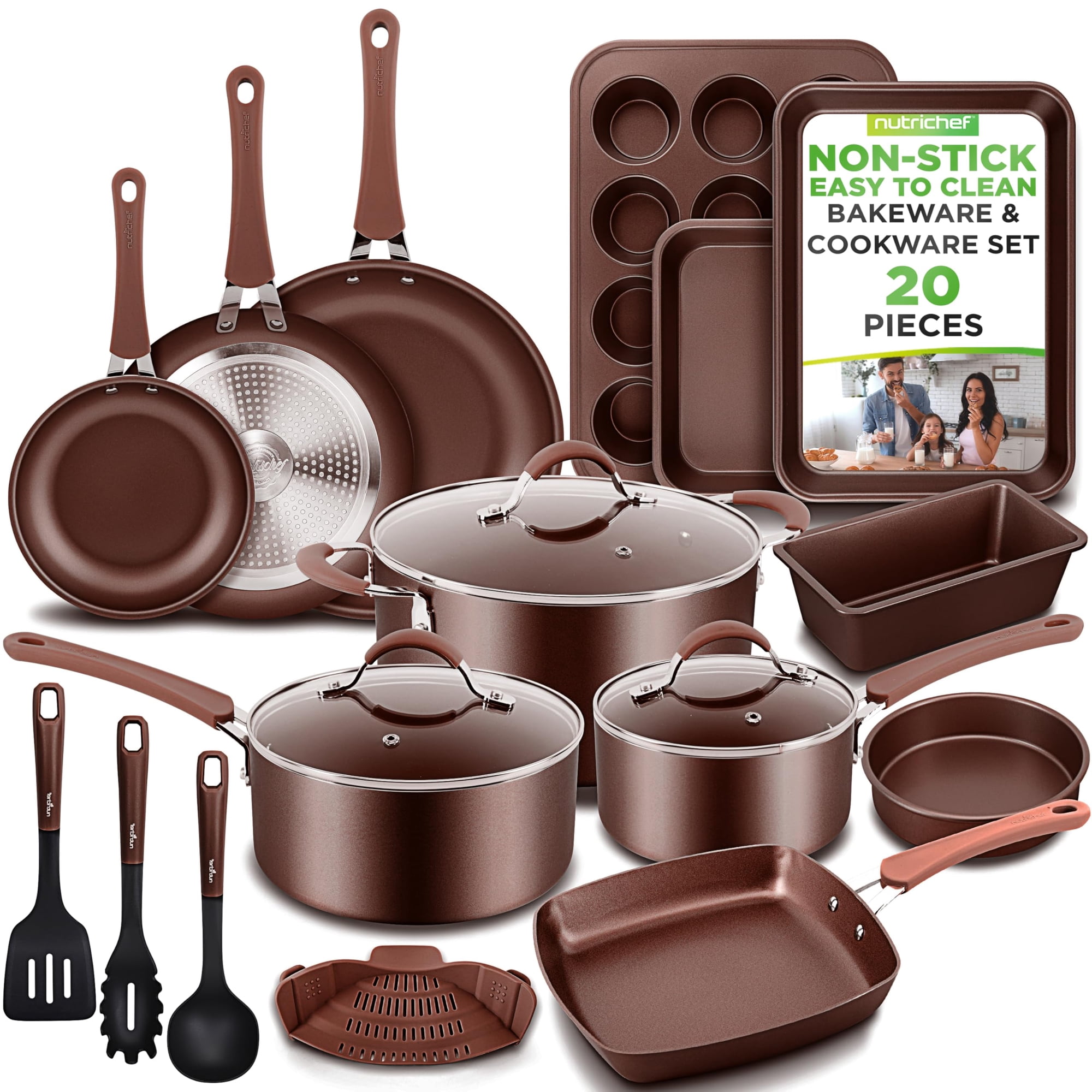 NutriChef 20-Pc. Nonstick Kitchen PTFE/PFOA/PFOS-Free Heat Resistant Silicone Handles Cookware Bakeware Set w/Saucepan, Brown-NCCW20SBR, Brown