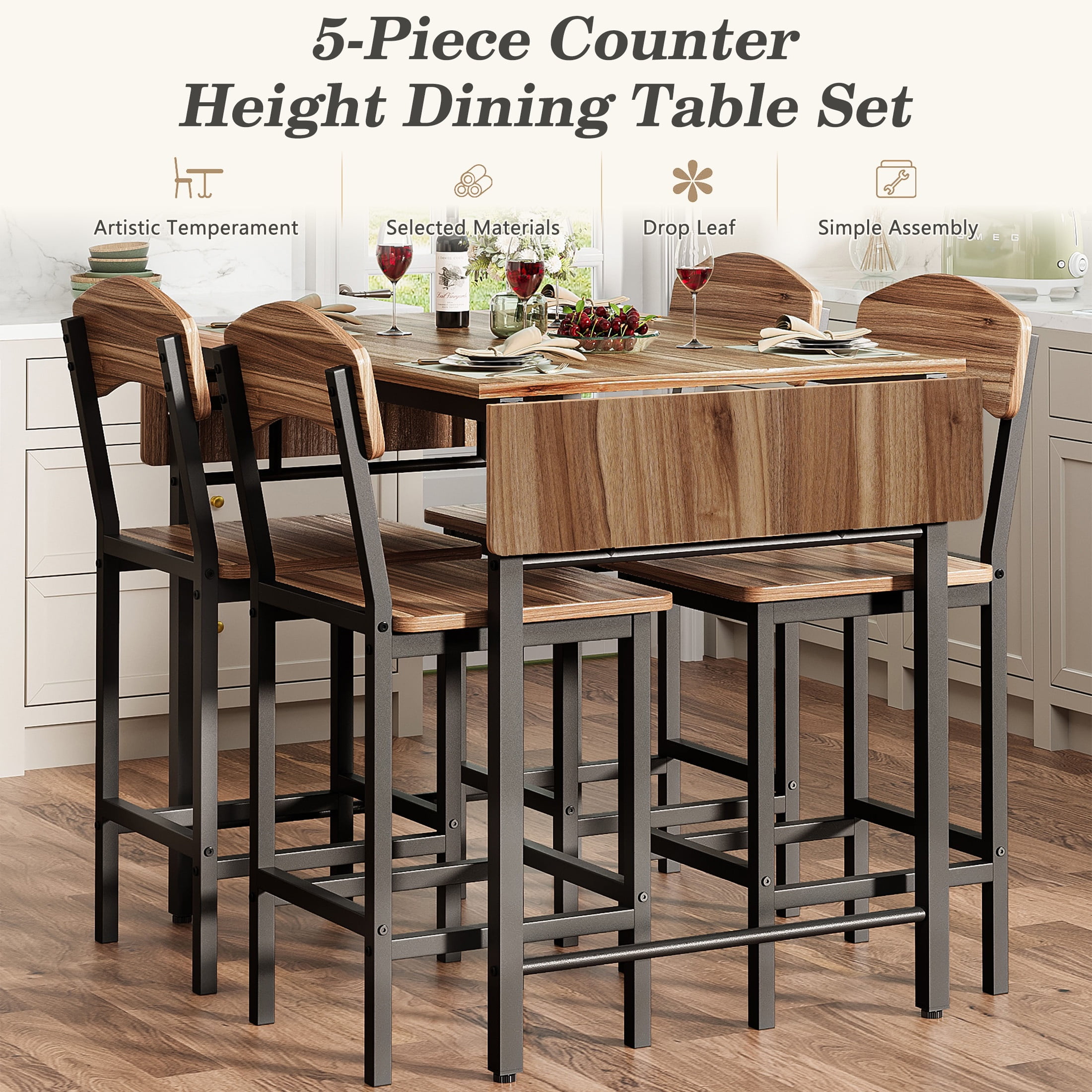 Dining Table Set for 4, Drop Leaf Pub Table and Dining Chair Set, Counter Height Table Set of 5, Kitchen Table Set with Stools for Kitchen Apartment Bistro, Brown