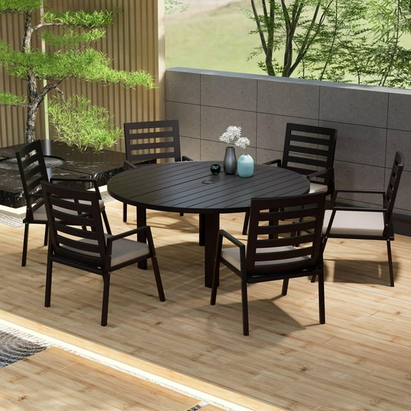 LeisureMod Chelsea 60" Wide Round Black Aluminum Outdoor Patio Dining Table – Modern 4-Seater for Backyard or Deck