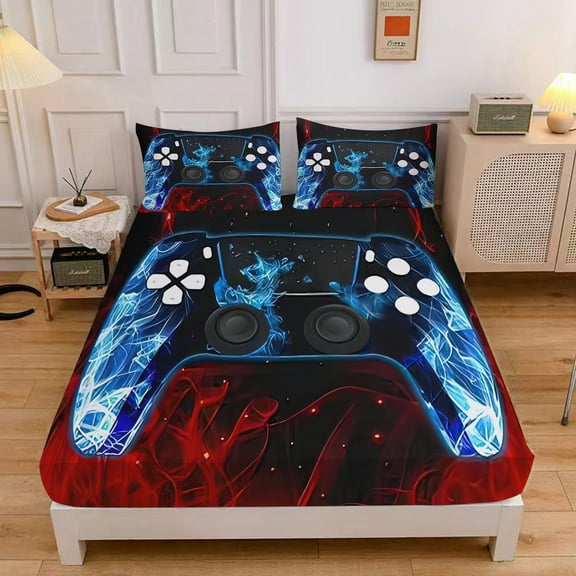 MIBNCE Gamer Sheet Set 3Pcs Kids Gamepad Fitted Sheet Modern Gamer Printed Bedding Set with 1 Fitted Sheet and 2 Pillowcases,Gamer Bed Sheet Sets,Twin Size,Style A