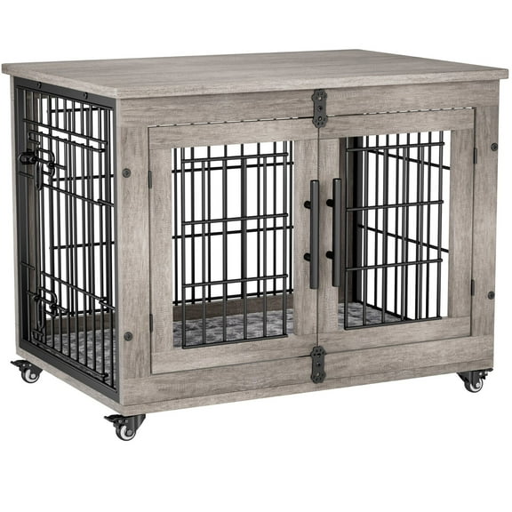 Hyxoo Dog Crate Furniture Dog Kennel Indoor Double Doors Wooden Cage & Cushion Gray