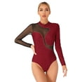 thumbnail image 1 of MSemis Women's Sheer Mesh Long Sleeve Ballet Dance Gymnastics Leotard Rhinestone Figure Skating Costume Burgundy S, 1 of 5