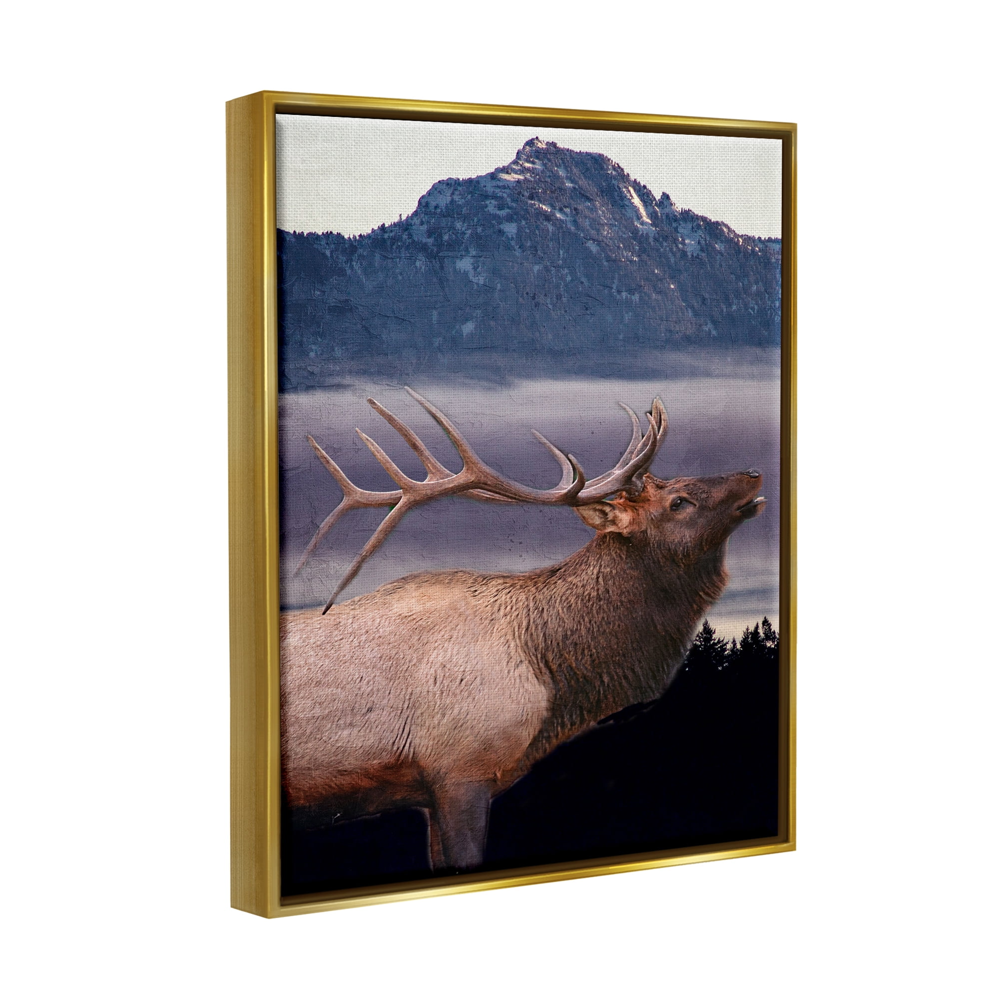 Stupell Industries Elk Mountain Landscape Animals & Insects Painting Gold Floater Framed Canvas Art Print Wall Art, 17 x 21