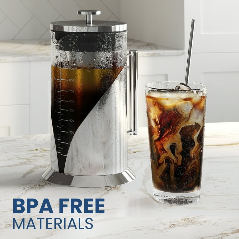 Cafe Du Chateau Brew Perfect Iced Coffee & Tea w/Our Cold Brew Coffee  Maker, Pitcher for Fridge (34oz) - Air Tight Seal, Measuring Label -  Stainless