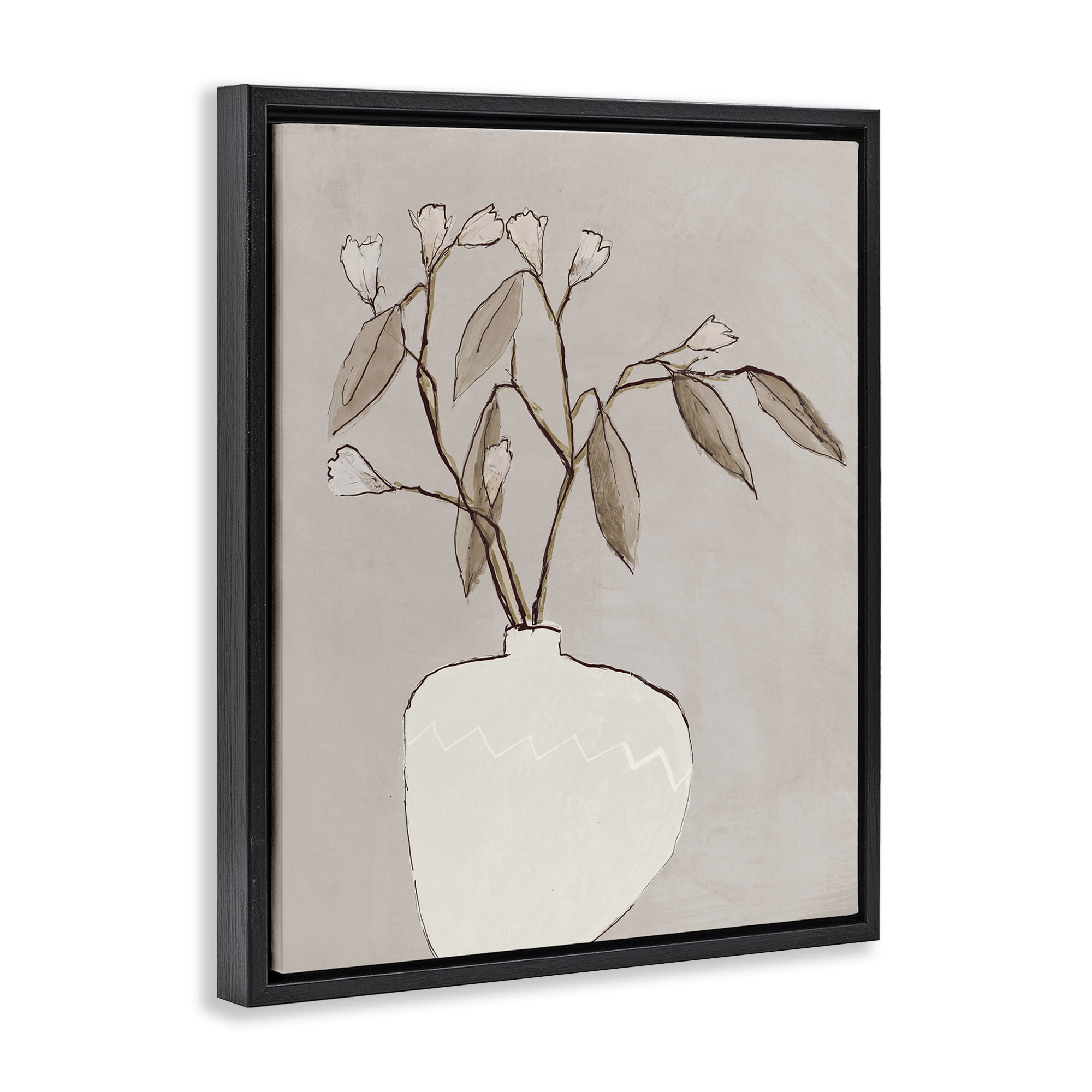 Stupell Industries Neutral Tan Greenery Plants & Flowers Painting Black Floater Framed Canvas Art Print Wall Art, 17 x 21