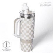 Cirkul 30oz Travel StrawSip Double-Wall Insulated Stainless Steel Tumbler with Handle, Taupe Tartan (Tan & White Checkerboard)