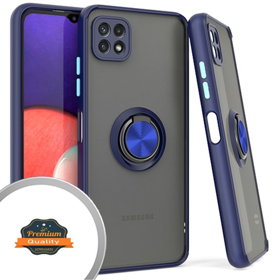 Xpression Case for Samsung Galaxy A22 Finger Ring Stand Holder Kickstand Hybrid Frosted Matte TPU Hard PC Frame Shock-Absorption Ultra Thin Phone Cover [Blue]