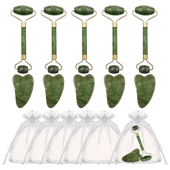 15Pcs Heart-Shaped Massage Tools Set, 5 Green Jade Rollers, 5 Gua Sha blade with 5 White Pouches, Ideal for Party Favors, Relaxation & Wellness Gifts, Perfect for Gift Presentation