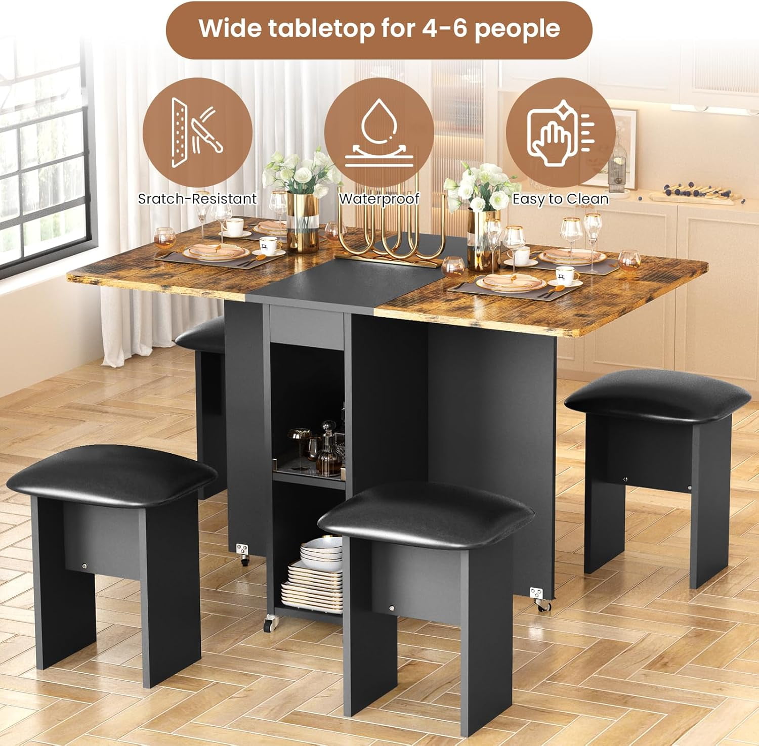 LinkRomat Folding Dining Table Set for 4, Kitchen Table with Shelves & 4 Leather Chairs, Space Saving Foldable Dining Table with 6 Wheel (Brown)