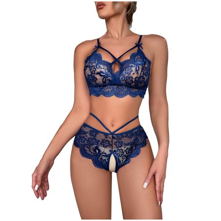 

Mikilon Ladies Fashion Sexy Lingerie Fishnets Lace Flowers Hollow Sexy Halter Neck Mesh Thong Suit Womens Bras No Wire Plus Size Clearance