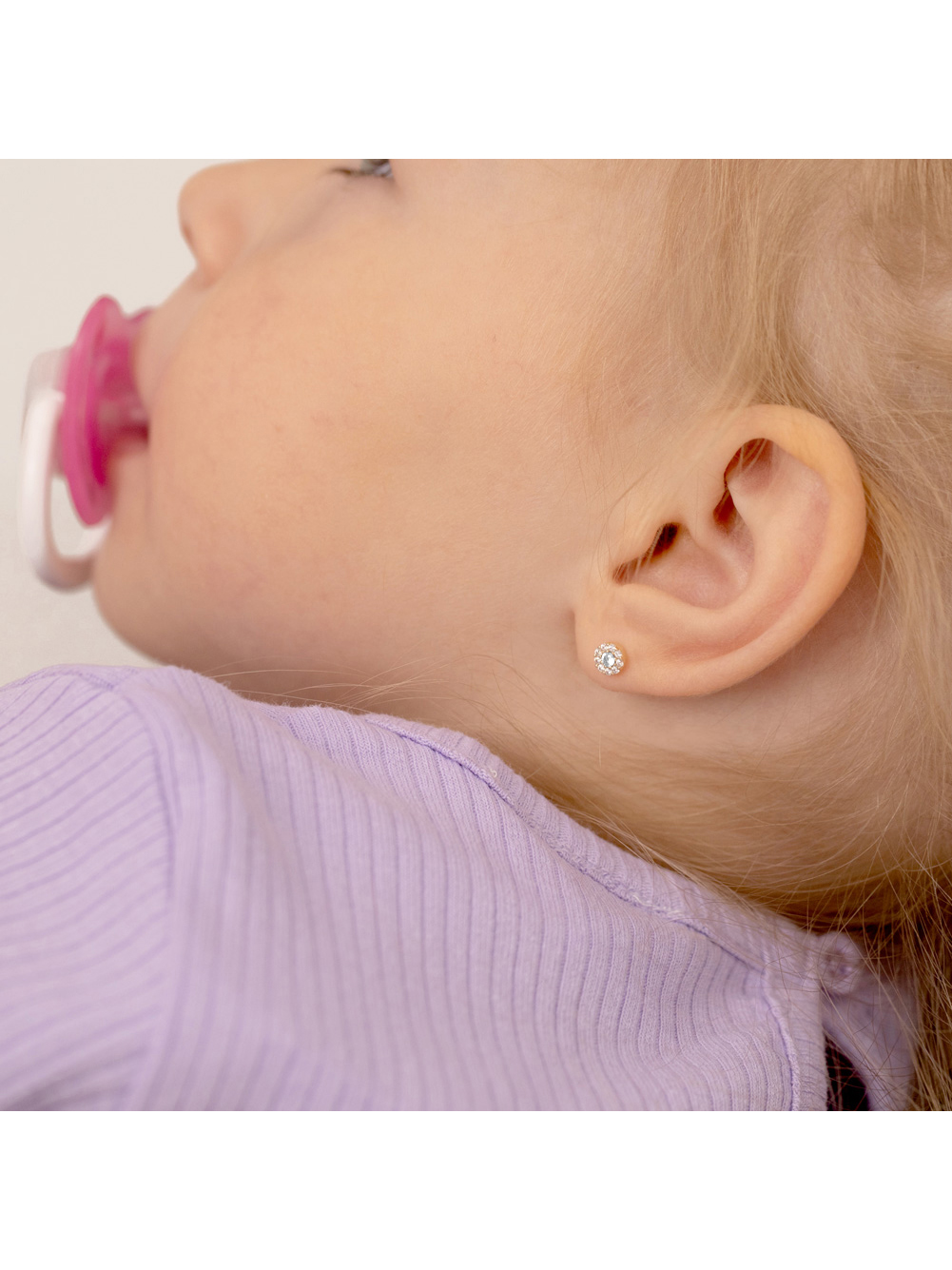 14k Gold CZ Burst Clear Kids / Children's / Girls Earrings Safety Screw Back