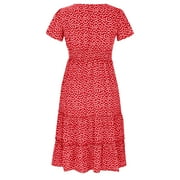 VKEKIEO Summer Dress,Flowy,Women,Square Neckline Short Sleeve Printed Red L