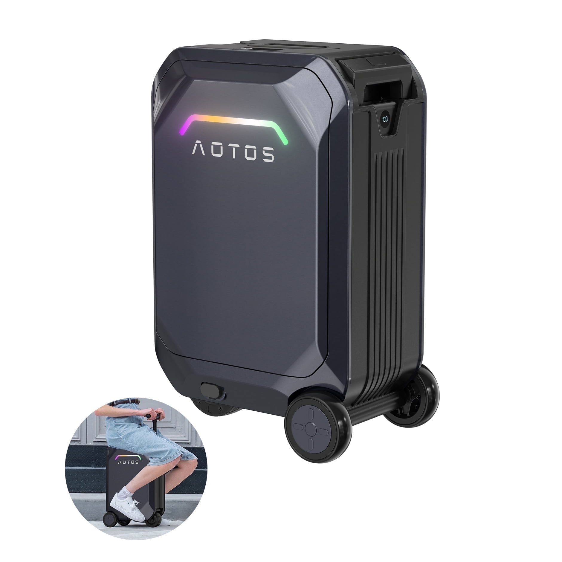 AOTOS Smart Rideable Carry-On Luggage, 22 Inch TSA-Approved Hardshell Cabin Suitcase, Zipperless Design with Rolling Wheels & App Control for Travel, Gray
