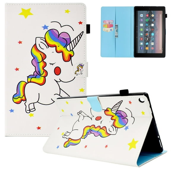 Fire HD 10 Case 2017/2015 for Girls, Allytech Slim Fit Smart Cover w/ Auto Sleep Wake Feature Protective Cards Holder Folio Stand Wallet Case Cover for Amazon Fire HD 10 7th 5th Gen, Rainbow Unicorn