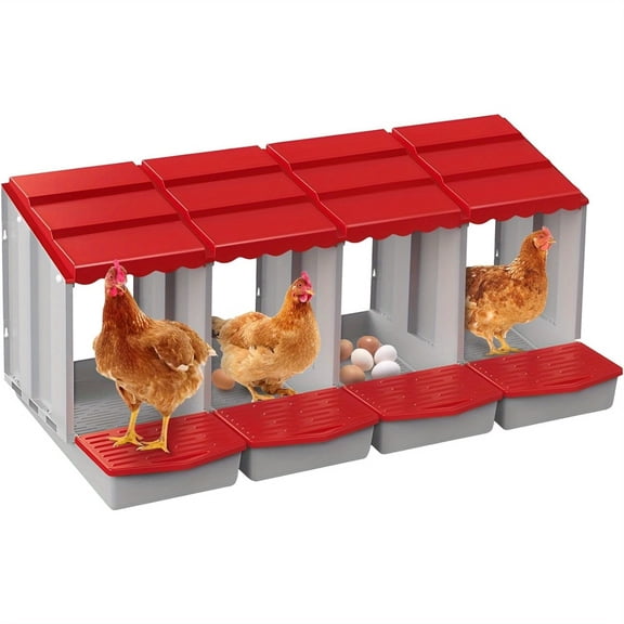 4 Hole Chicken Nesting Boxes with Rolling Egg Collection - Anti-Break Egg Protection Nest Boxes for Chicken Coop(Red)