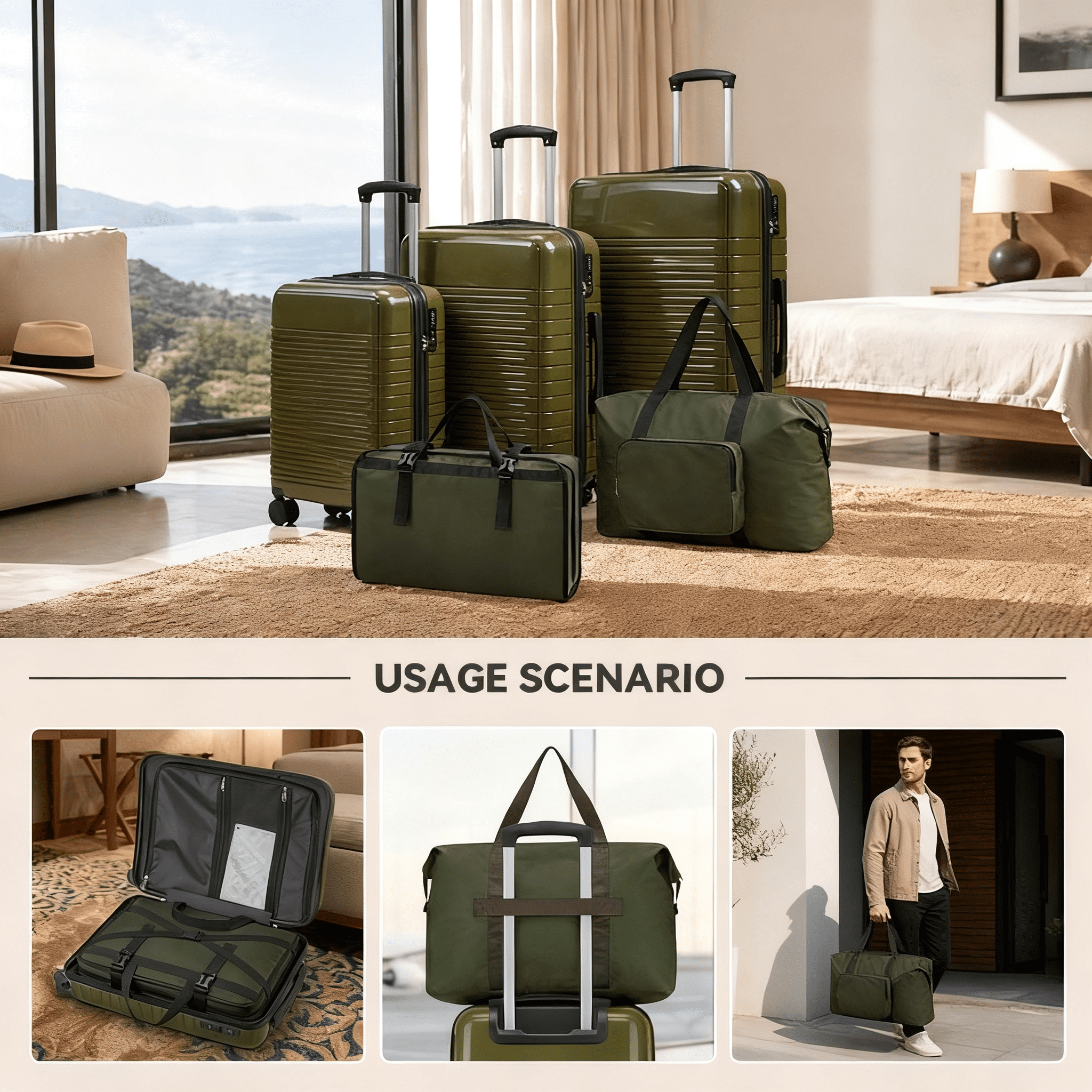 5-Piece PP Luggage Set with TSA Lock, 20"/24"/28" Spinner Suitcases + Handbag + Toiletry Bag, TPE Silent Wheels, Travel Accessory Bundle for Family Trips