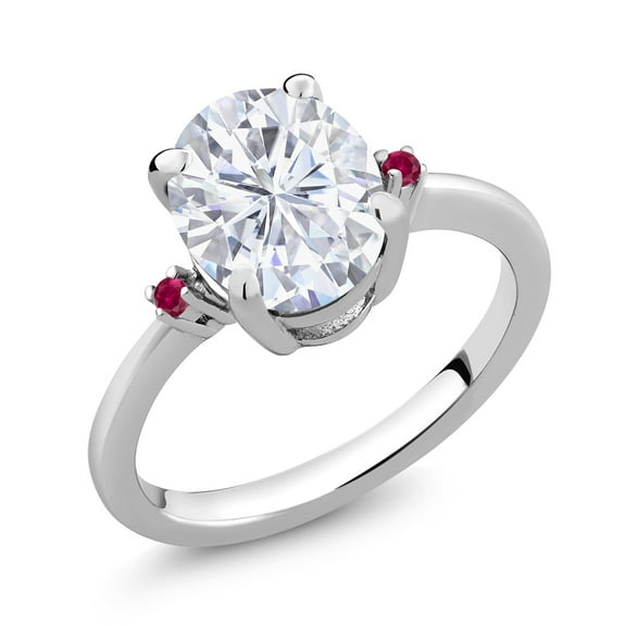 Gem Stone King 925 Sterling Silver White Moissanite and Red Created Ruby 3 Stone Ring for Women (3.03 Cttw, Oval 10X8MM, Gemstone Birthstone, Size 6)
