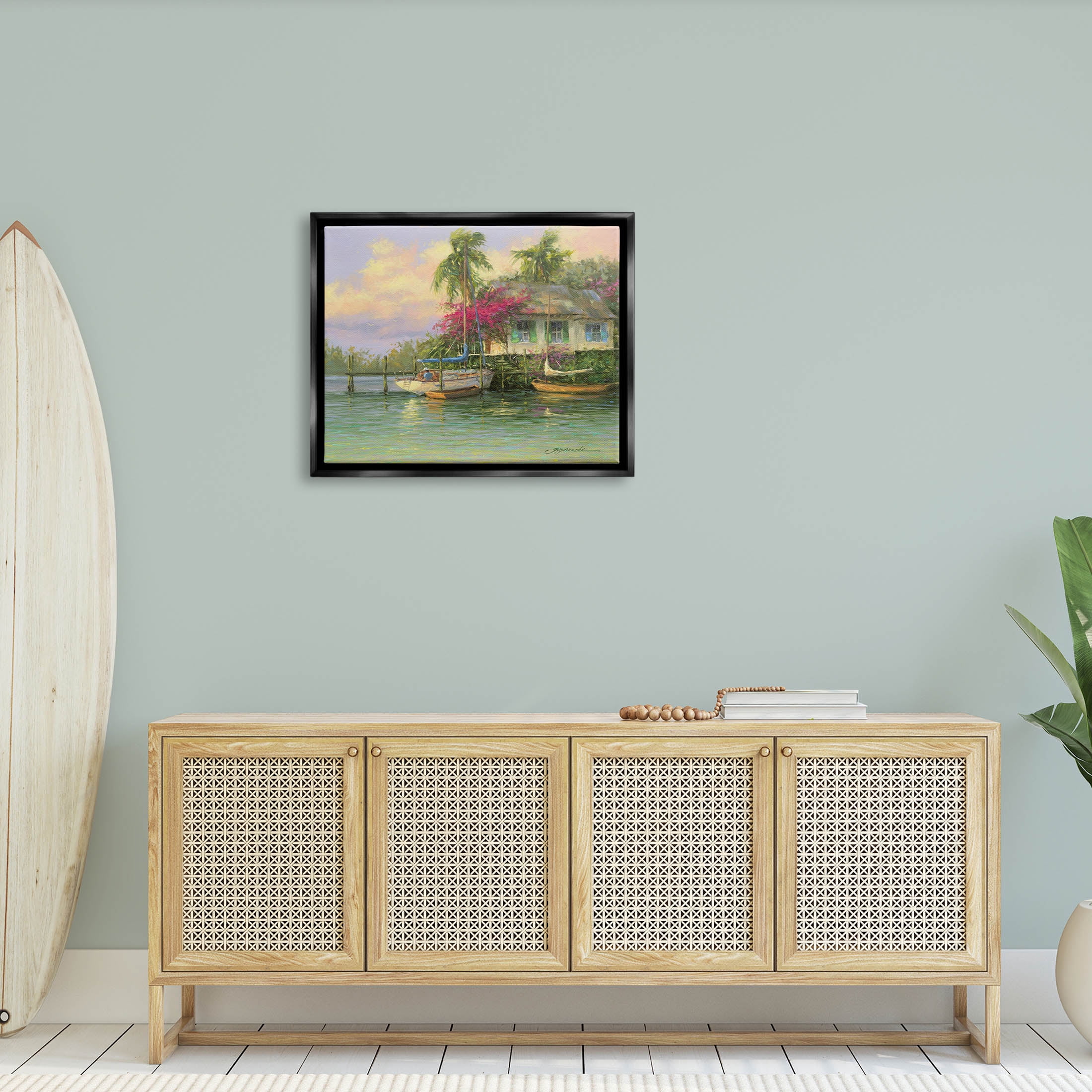 Tropical Vacation Seaside House Landscape Painting Jet Black Framed Art Print Wall Art