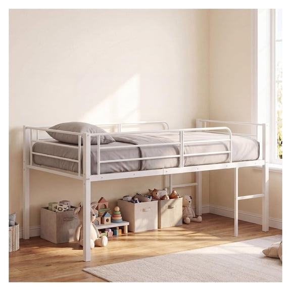 Twin Low Loft Bed Frame Metal 480 lbs with Guardrails 2 Ladders Under Bed Space White No Box Spring Needed