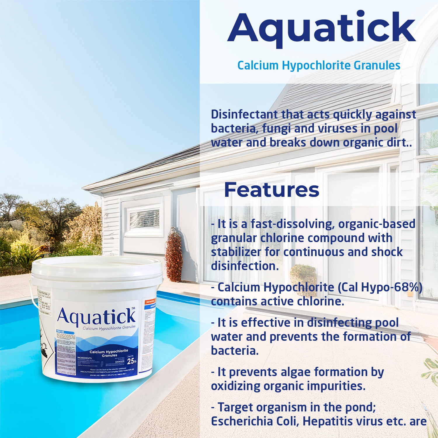 Aquatick Pool Shock 68% Calcium Hypochlorite – 25 LB Chlorine Granules for Swimming Pool, Spa & Hot Tub – Fast-Dissolving Algaecide & Bacteria Eliminator – Powerful Pool Sanitizer Clean & Clear Water
