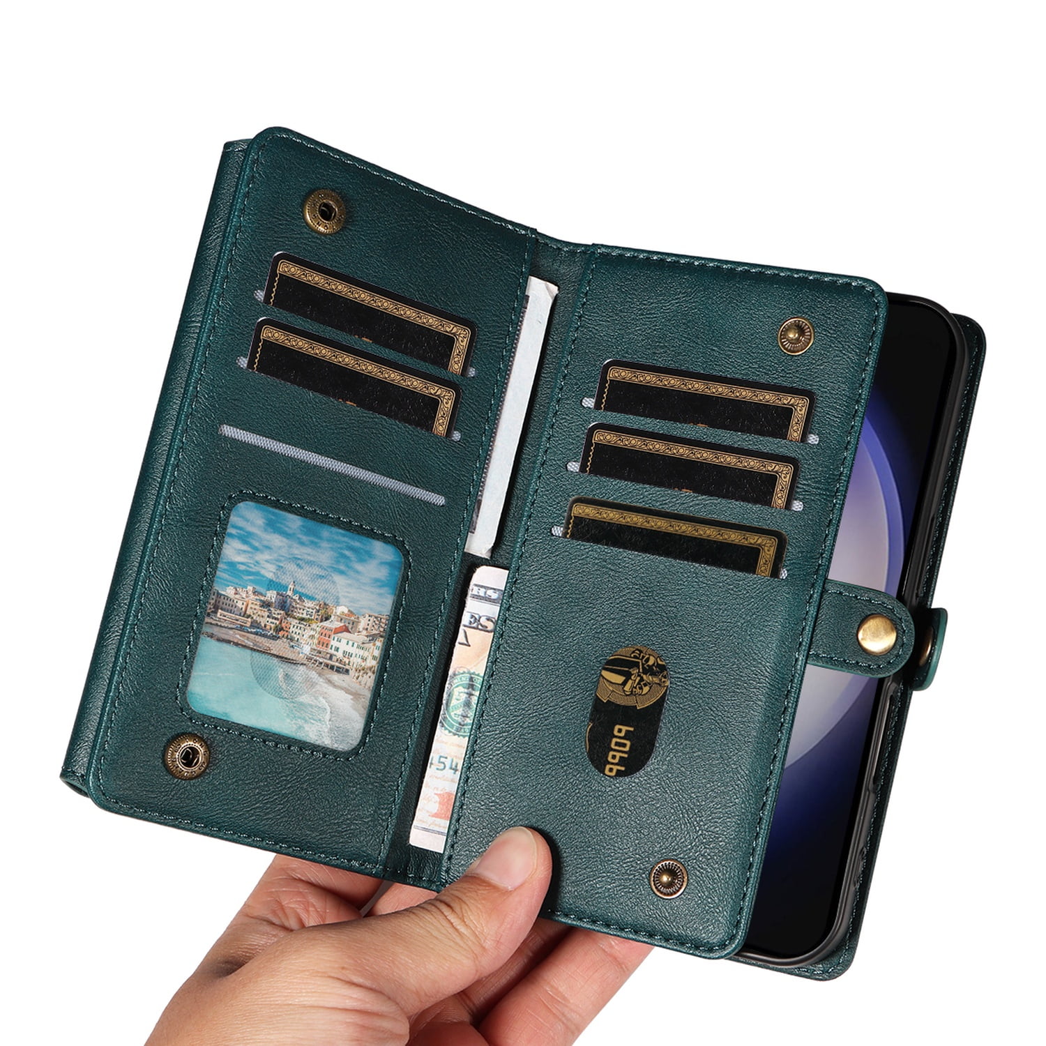 Dteck for Samsung Galaxy S25 FE Case Wallet with RFID Blocking Card Holder for WomenMen, PU Leather Magnetic Snap Flip Zipper Strap Crossbody Wallet Phone Cover 6.7",Green
