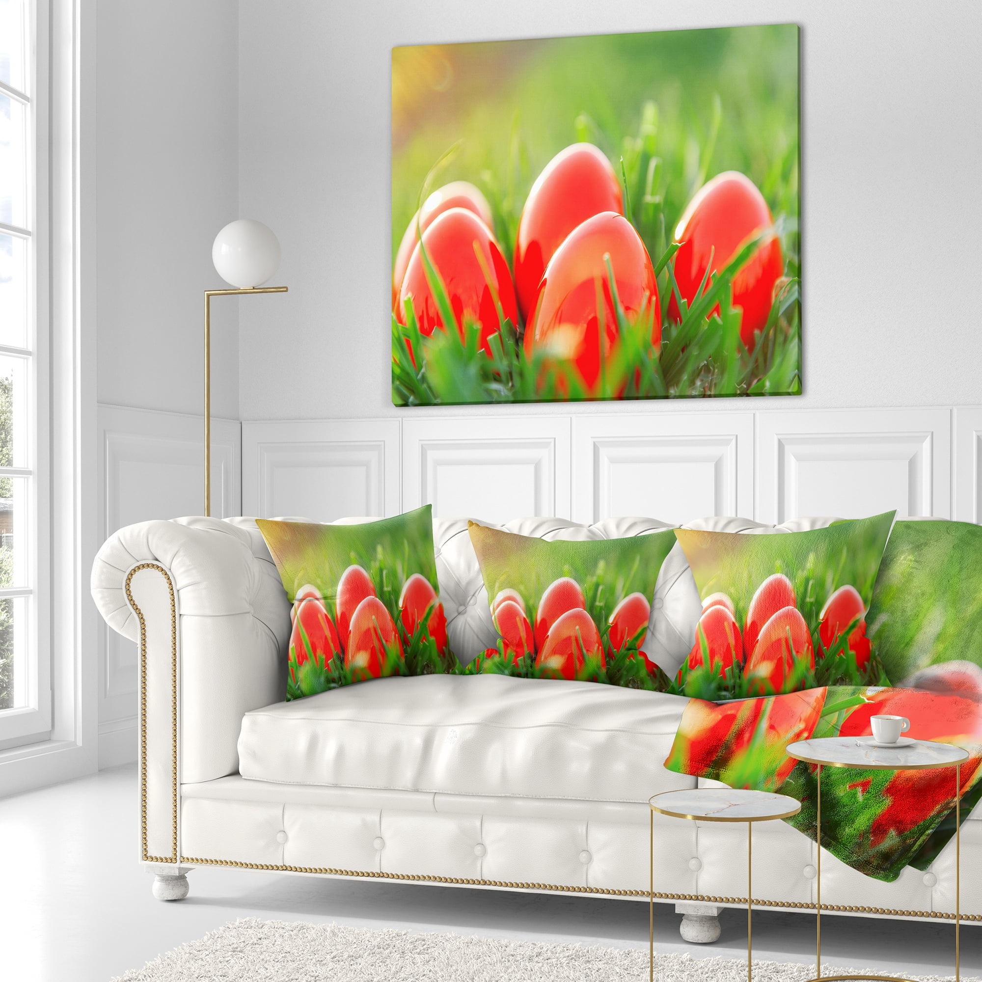 Designart Red Easter Eggs in Green Grass - Landscape Photography Throw Pillow - 16x16