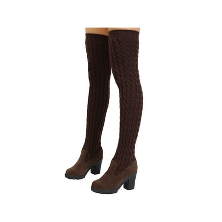 

Crocowalk Women Thigh High Boot Knitting Over The Knee Boots Elastic Winter Shoes Comfortable Chunky Heel Ladies Warm Heeled Brown 7.5