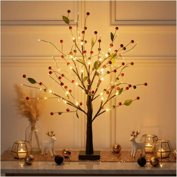Red Berry Blossom Tree with Lights, Warm Led Red Berry Blossom Twinkling Tree with Battery/USB Operated for Tabletop Holiday Home Décor