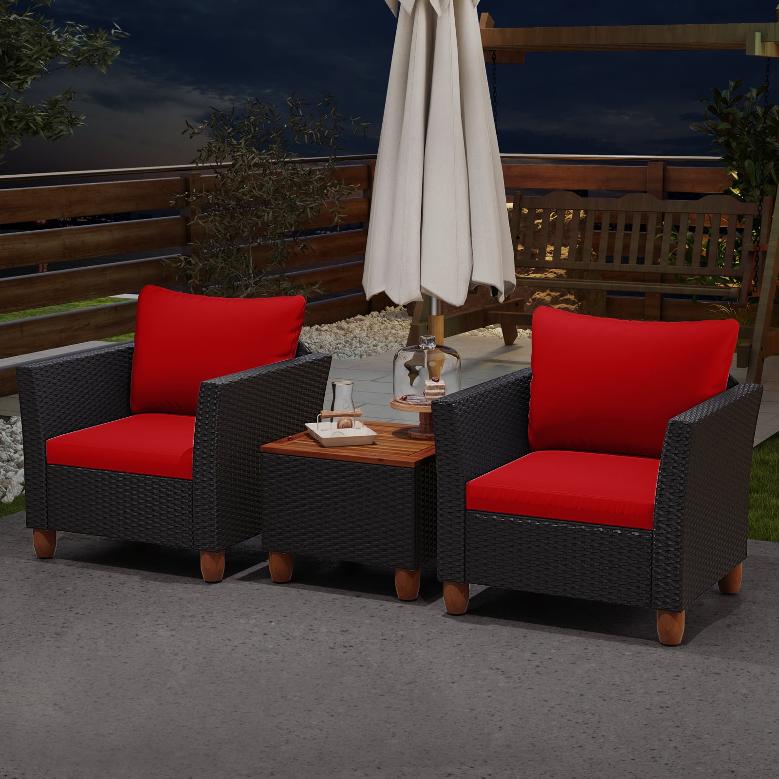 Costway 3PCS Outdoor Patio Rattan Furniture Set Wooden Table Top Cushioned Sofa Red