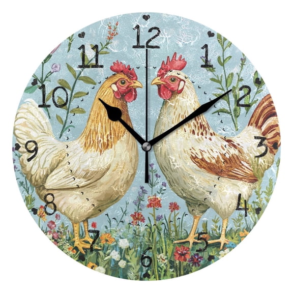 Two Chickens on Meadow Florals Round Wall Clock Silent Analog Battery Operated Black Pointer Home Decor 9.84" Diameter