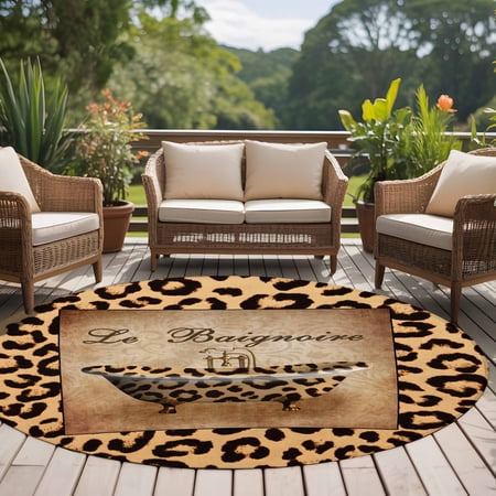 6ft Washable Round Rug Abstract Art Non-Slip Circle Area Rug for Living Room Bedroom Leopard Bathtub Le Baignoire Brown Modern Indoor Floor Mat for Home Decor