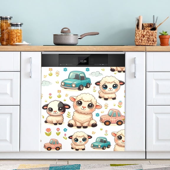 Cute Lamb and Car Dishwasher Magnet Cover Magnetic Fridge Door Cover Home Kitchen Decor 23"x 26"