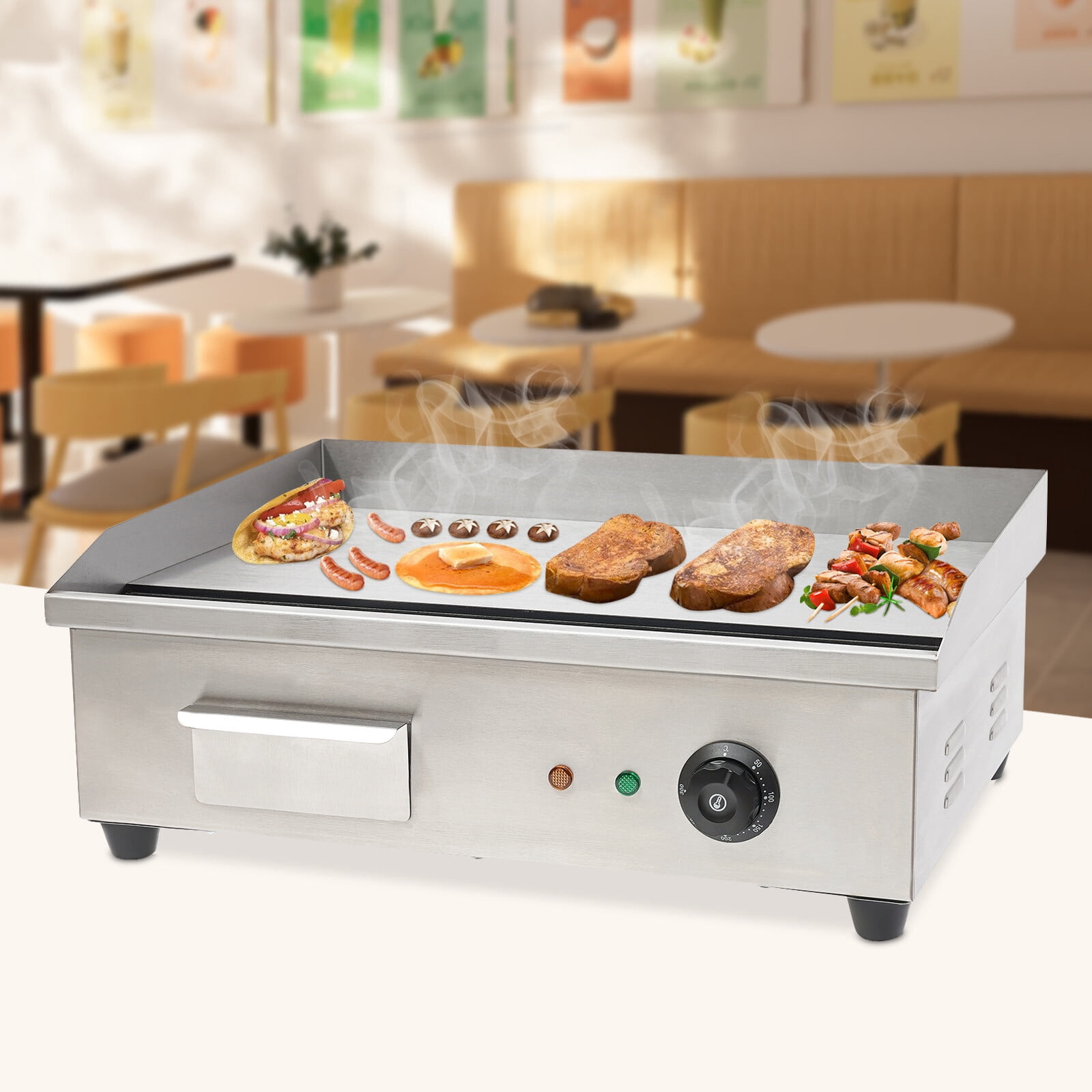 110V 3000W Commercial Electric Countertop Griddle Flat Top Grill Hot Plate BBQ 201 Stainless Steel Adjustment Temperature 50-300℃ 21.25*15.74*8.26inch for Restaurants, Snack Bars, Canteens