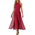 thumbnail image 1 of MONO ELEGANTE PARA MUJER con cuello halter, sin mangas, elegante, formal, de pierna ancha, talla XS, burdeos, 1 of 6