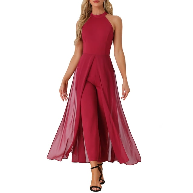 MONO ELEGANTE PARA MUJER con cuello halter, sin mangas, elegante, formal, de pierna ancha, talla XS, burdeos