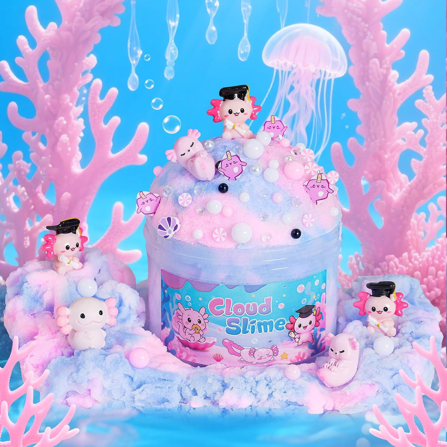 Axolotl Cloud Slime Kit 2 Pack - 14oz Non-Sticky DIY Slime for Kids, Includes Cute Axolotl Charms & Add-Ins, Glitter, ASMR Sensory Toys, Slime Party Favors for Girls Boys