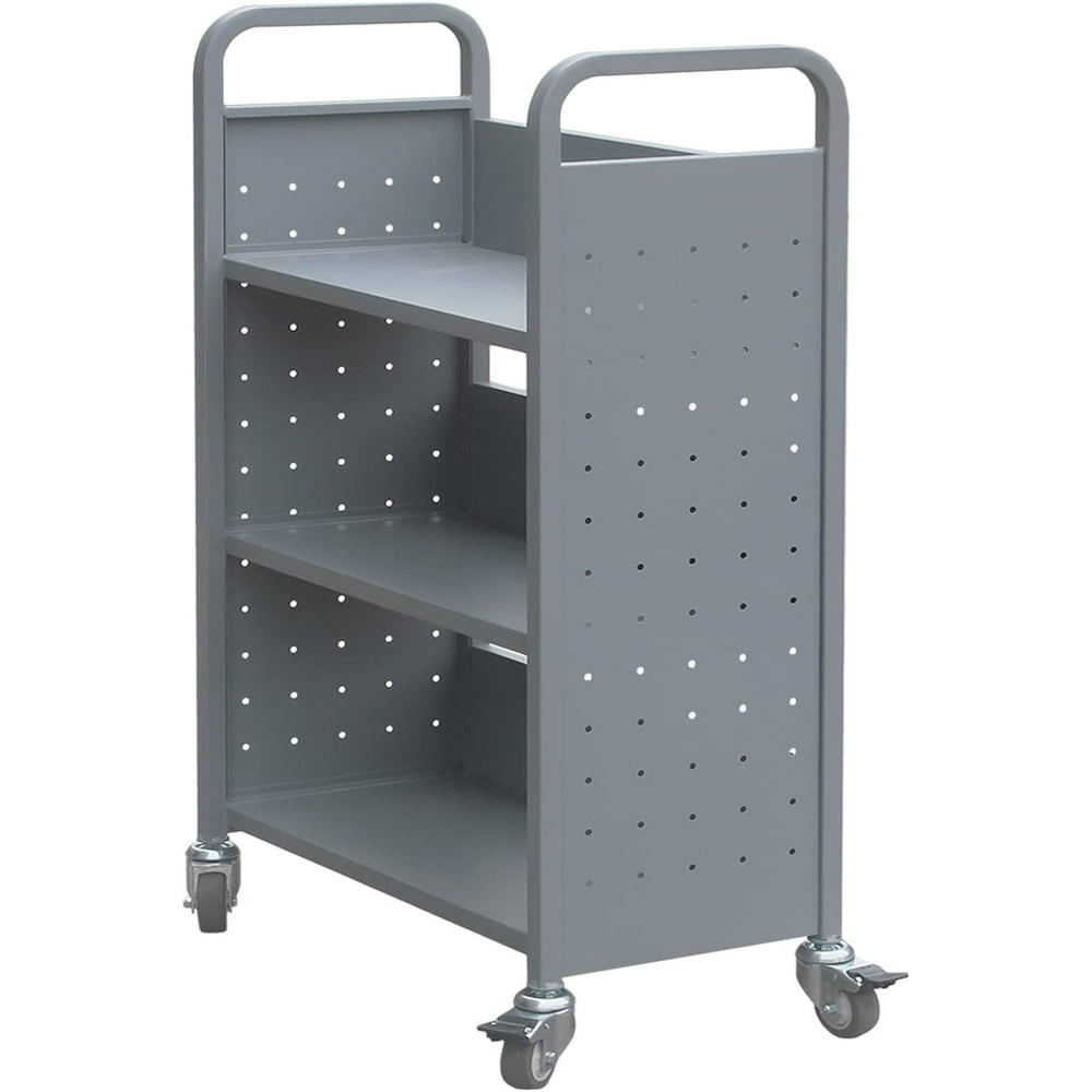 Rolling Library Book Cart Single Sided Flat Shelves with Lockable Wheels,200lbs Capacity (Grey