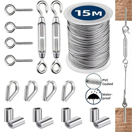 

15M 2mm Convenient Stainless Steel Wire Rope Cable Hooks Hanging Kit Tent Rope
