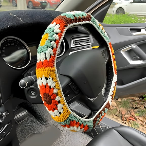 RIONIMA Cute Crochet Steering Wheel Covers Boho for Women Sunflower Car Interior Steering Wheel Cover Women