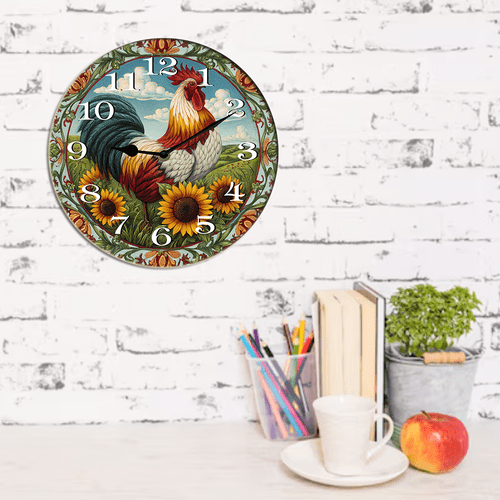 Kurmntregon Cute Rooster Wall Clock Chicken Kitchen Wooden Clock For Living Room, Battery Operated Easy To Read Bedroom, Bathroom And Kitchen Housewarming Seasonal Round 10"