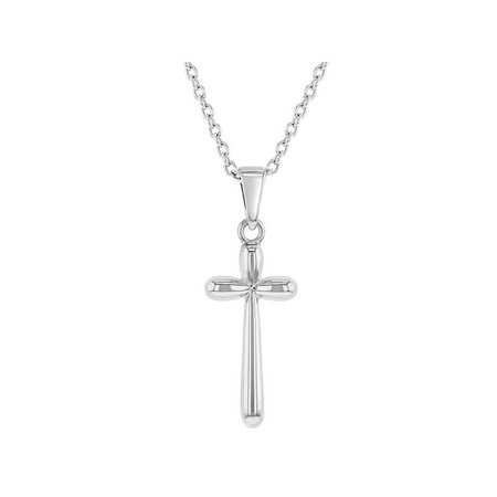 925 Sterling Silver Plain Stick Small Cross Pendant Necklace for Children 16"