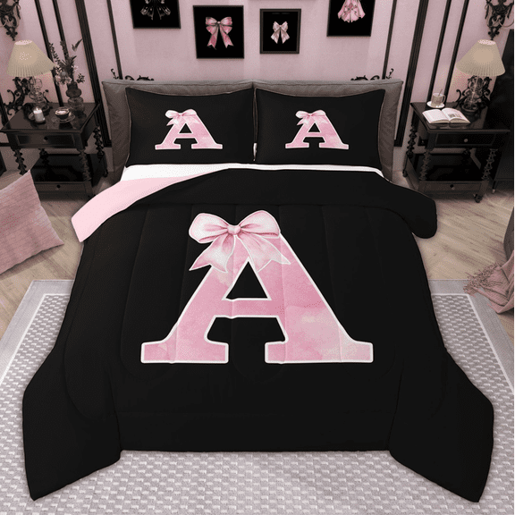 Manfei Monogrammed Girl Bedding Comforter Set, Personalized Initial A Twin Comforter Sets, Princess Bow Knot Bedding Set, Black Pink Bedroom Decor, Reversible 2 Pieces