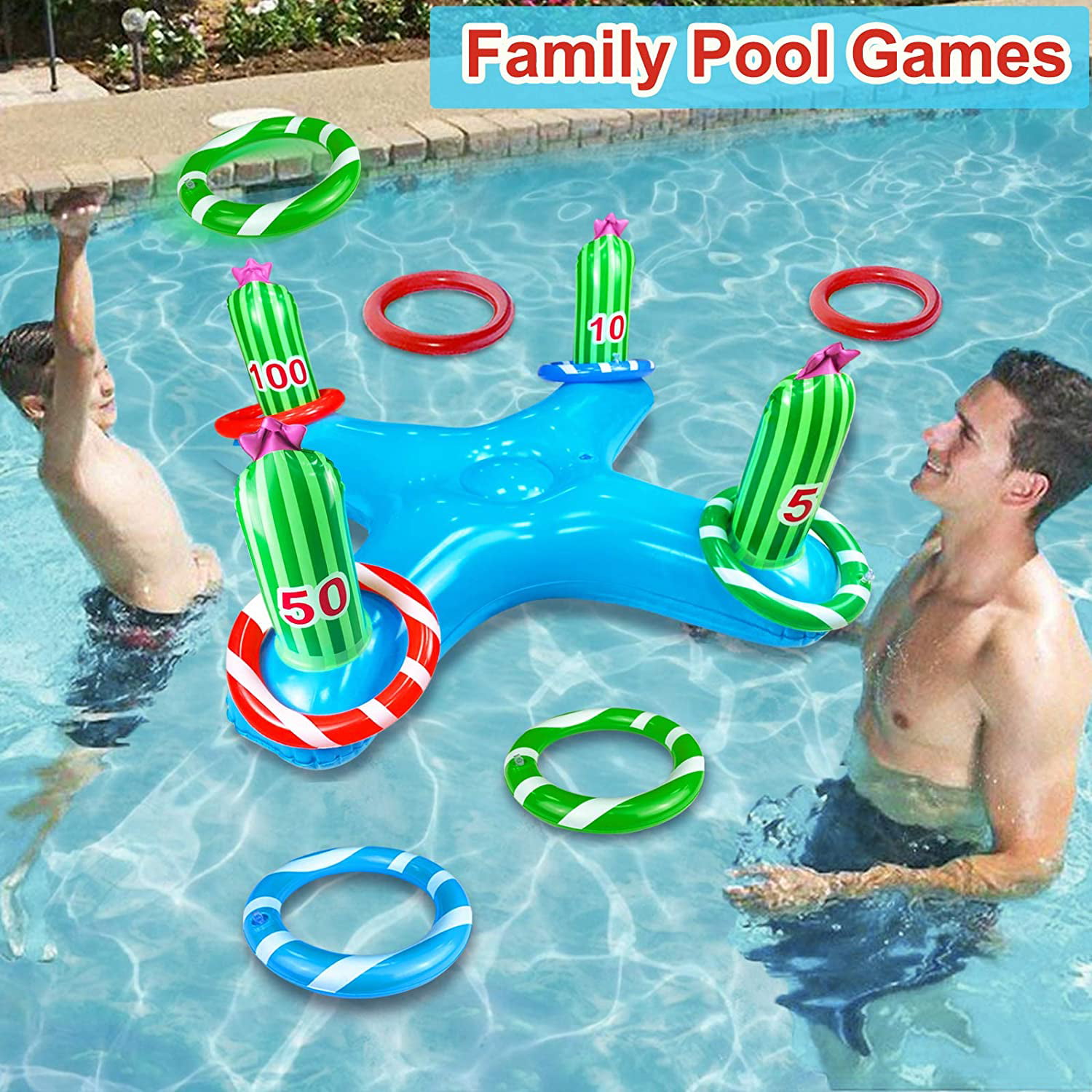 Childrens Pool Toys Adult Family Summer Floating Pool Games Water Beach Toys Outdoor Backyard Toys Large Inflatable Cactus Pool Circle Throwing Pool Game Toys