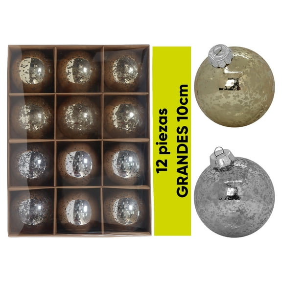 Esferas Navideñas Grandes 10cm Artego Paquete 12 piezas acabado gotas Cromadas Mix Platino Dorado
