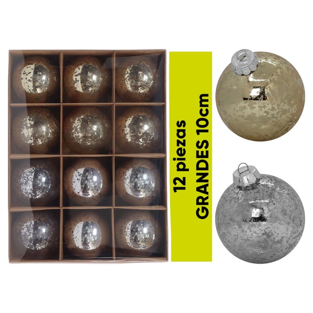 Esferas Navideñas Grandes 10cm Artego Paquete 12 piezas acabado gotas Cromadas Mix Platino Dorado