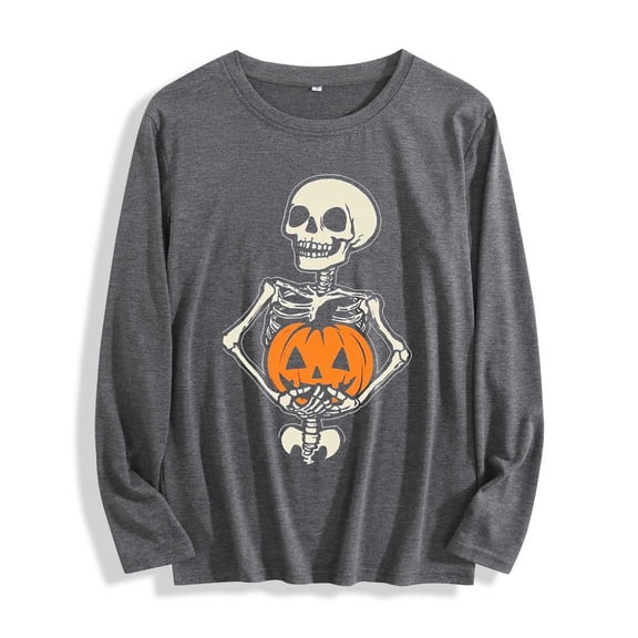 JOANKDMI Women's Skeleton Pumpkin Print Shirts Long Sleeve Halloween Graphic Tops Crewneck Casual Loose Fall Pullovers Funny Tees Holiday Party